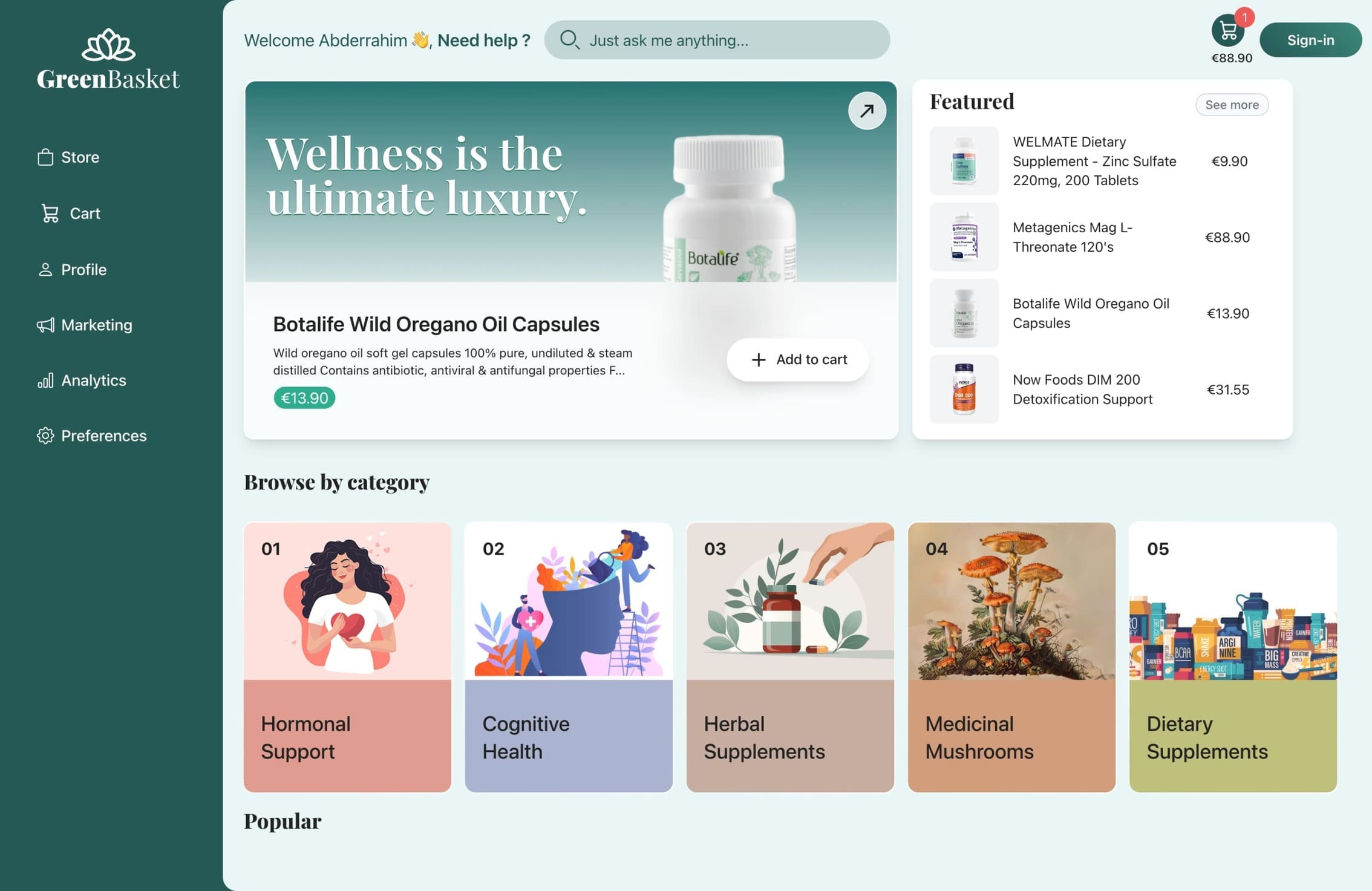 Home page of GreenBasket Web App