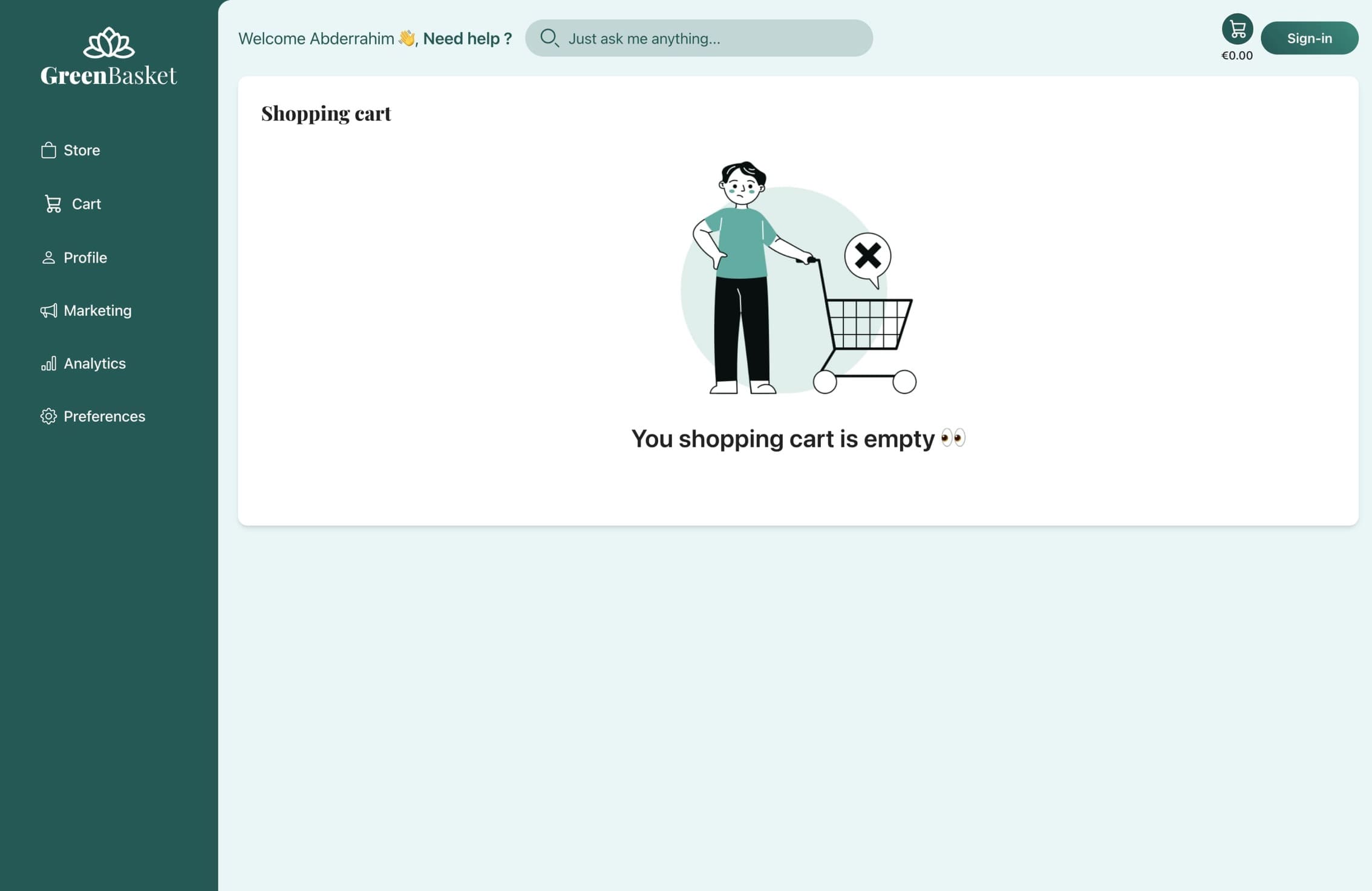 Empty shopping cart of GreenBasket Web App