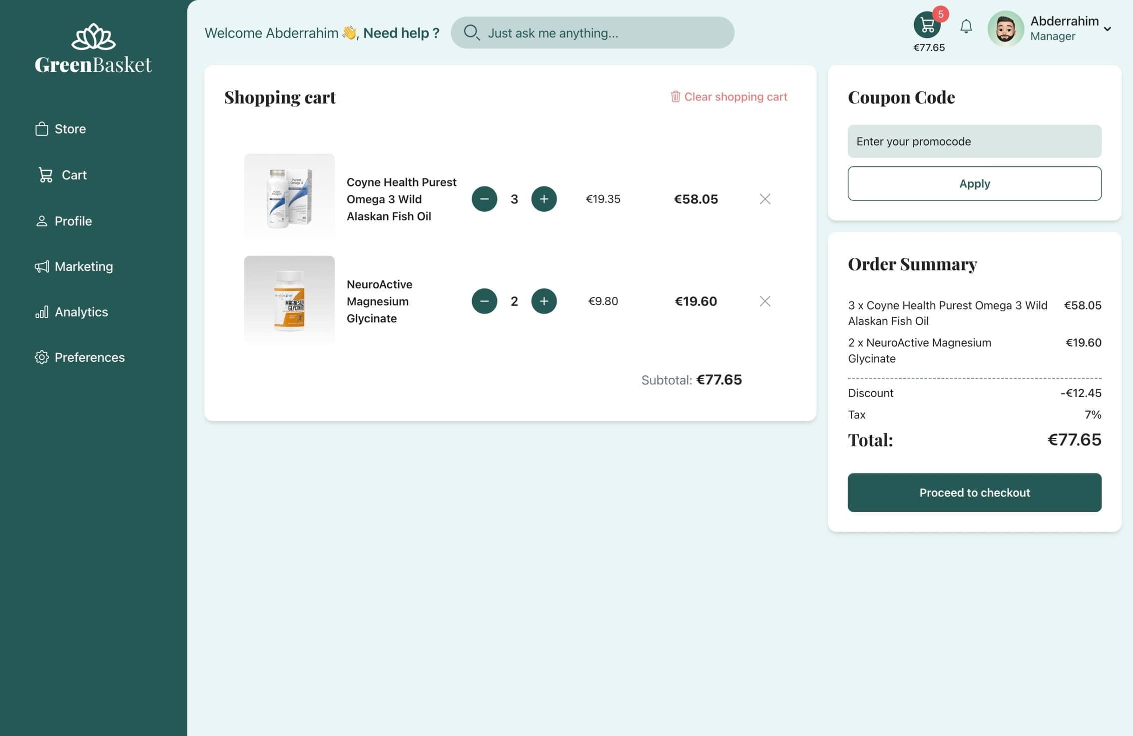Shopping cart of GreenBasket Web App